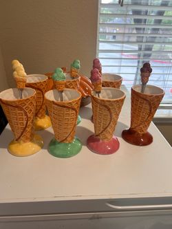 Vintage 1995 Lotus Ceramic Waffle Cone Ice Cream Cups & Spoons - Set of 7