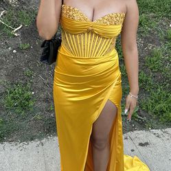 Yellow Satin Corset Prom Dress Size 4-6 