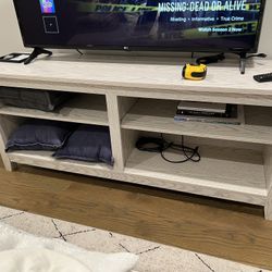 White Wood TV Stand With Shelves