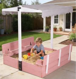 Sandbox for Kids with Adjustable Canopy, Wooden Sand Box with 2 Foldable Seats, Sandbox with Lid Outdoor (Pink)