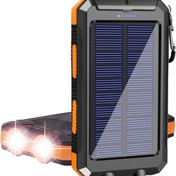 Solar Charger, 10000mAh Portable Type-C Solar Power Bank for All Cellphones, Waterproof Battery Pack, Outdoor External Backup Power Charger Three Outp