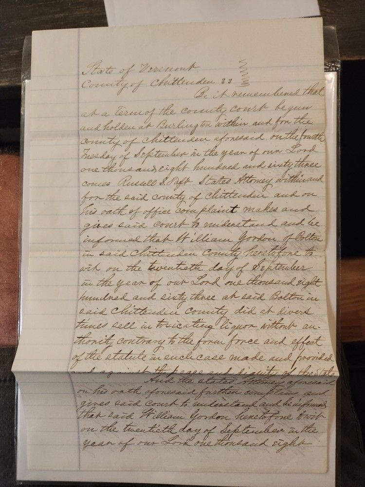 1863 State Of Vermont Charging Document Re:selling Liquor Without Authority 