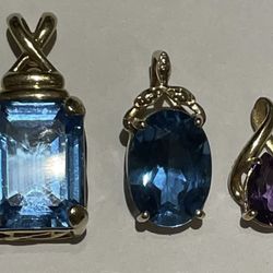THREE PENDANTS 2 Yellow Gold 10K Blue Topaz & 1 Yellow Gold 10K Amethyst Pendants