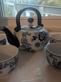 Blue and White Floral Ceramic Tea Set