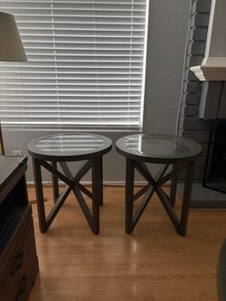 Pair of Round Glass Top End Tables $25