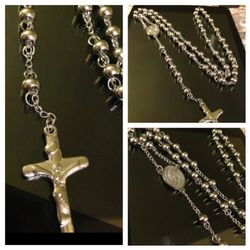 White Gold Plated Beaded Rosary Necklace