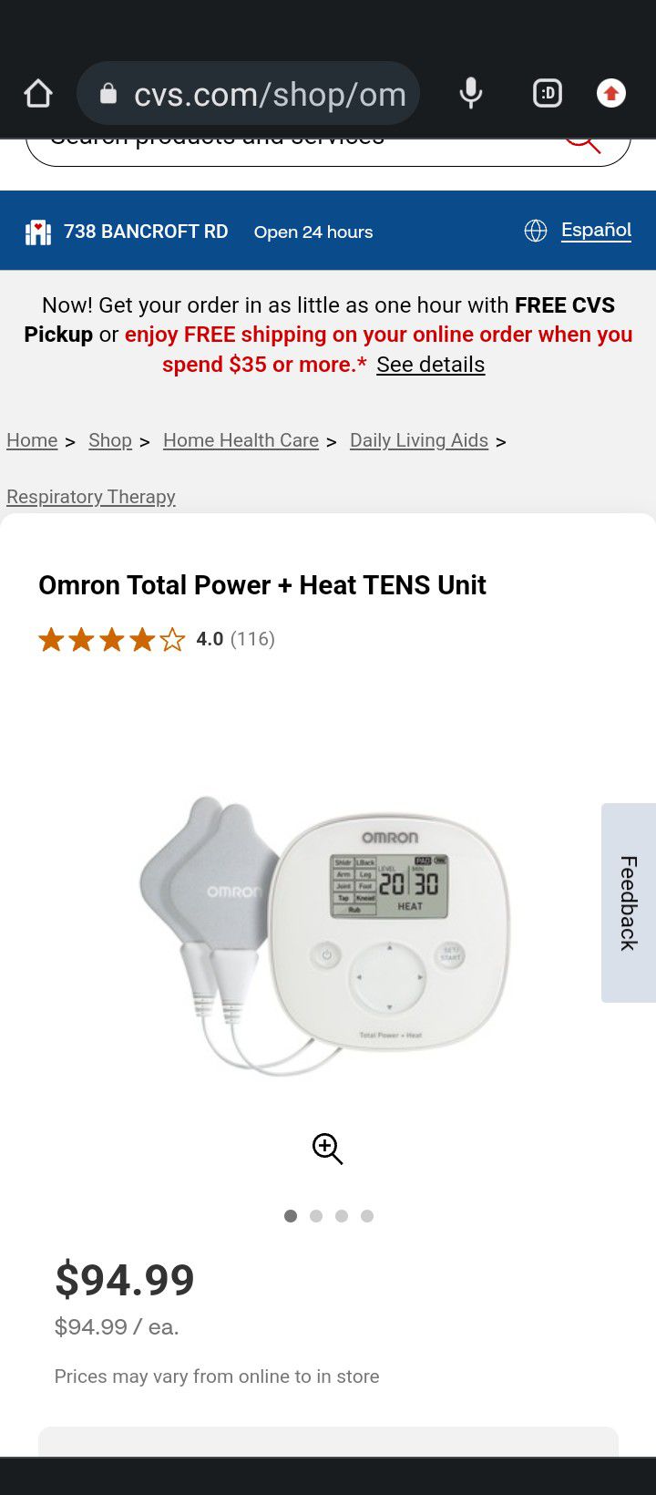 Omron Total Power and Heat TENS Unit for Chronic, Acute, Arthritic