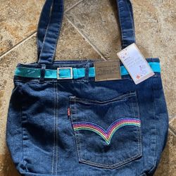 New Levi's Denim Jean Purse Tote Bag Embroidered Rainbow Pocket Detail Dark Wash