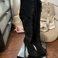 Black Thigh High Open Toe Boots Heels