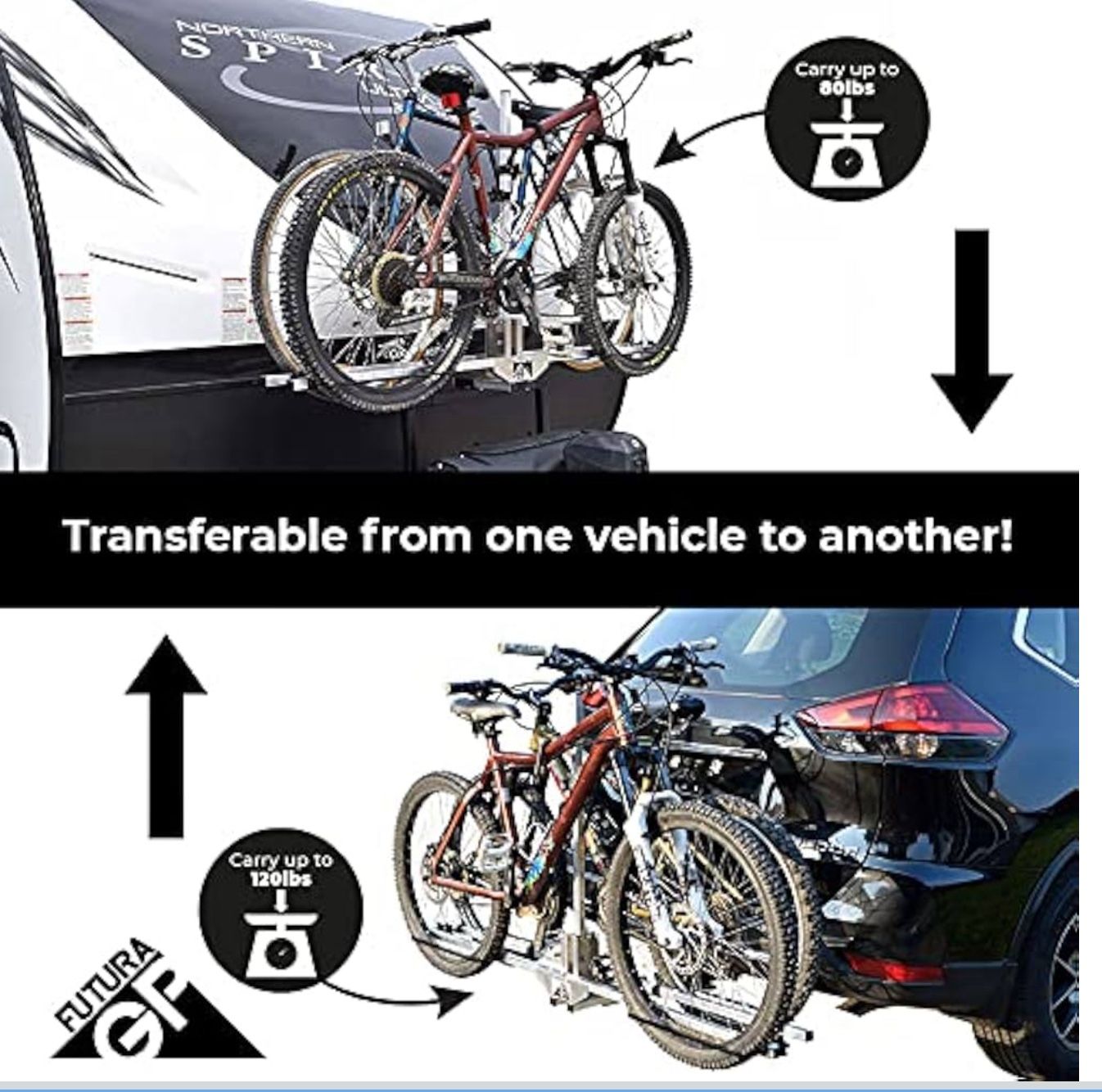 Futura E Bike Rack (for Two) Easily Transferable From A Vehicle Receiver Hitch To Travel Trailer