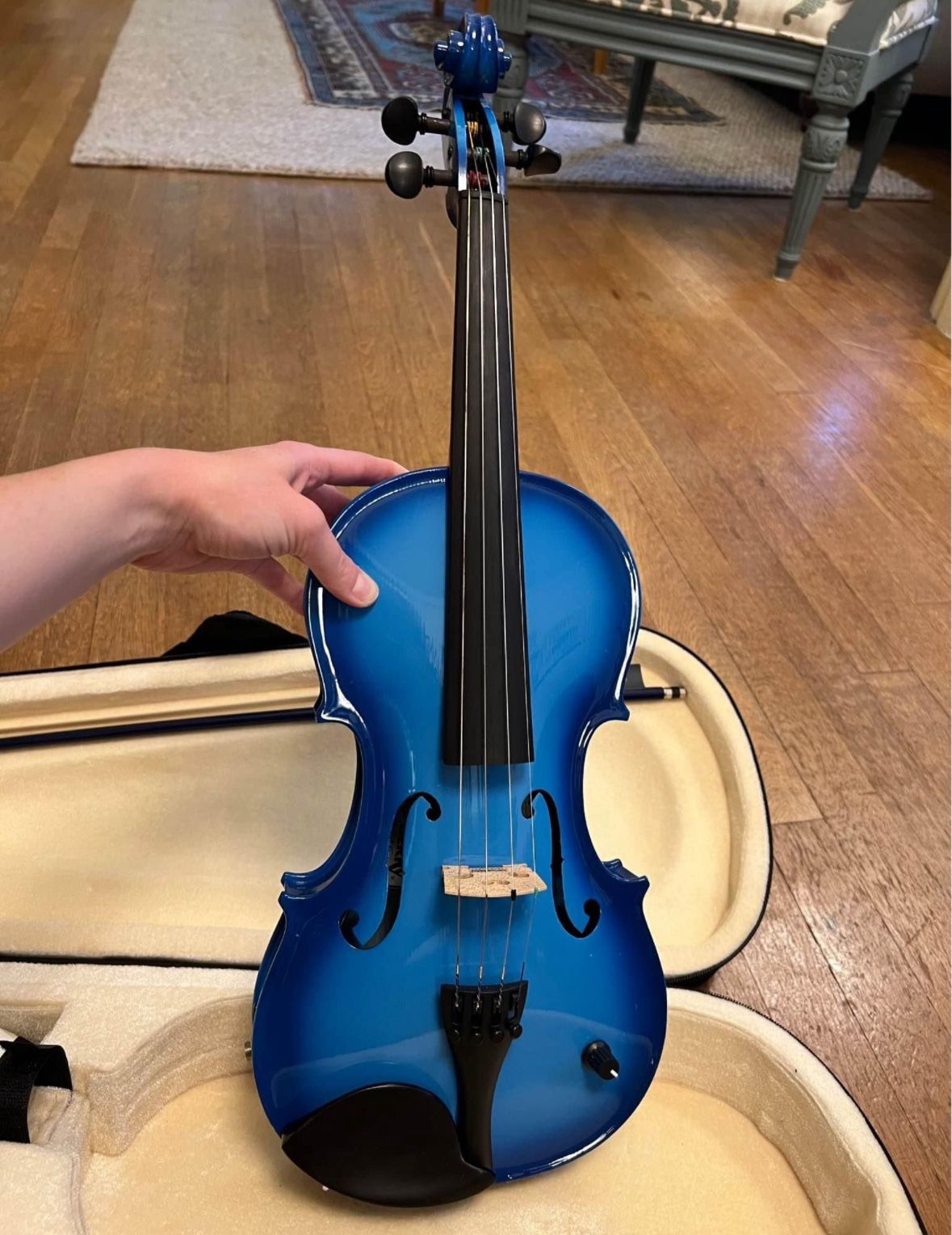 Blue electric/acoustic violin and amp