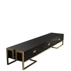 Black TV Stand 3 Drawers Media Stand With Gold Metal Accents