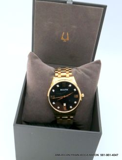 Bulova Surveyor Men's Classic Calendar Gold Stainless Steel Black Diamond Dial Watch 40 MM 97D108 New Never worn 