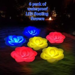 6 PACK FLOATING LED FLOWER LIGHTS - 3 COLORS - WATERPROOF 