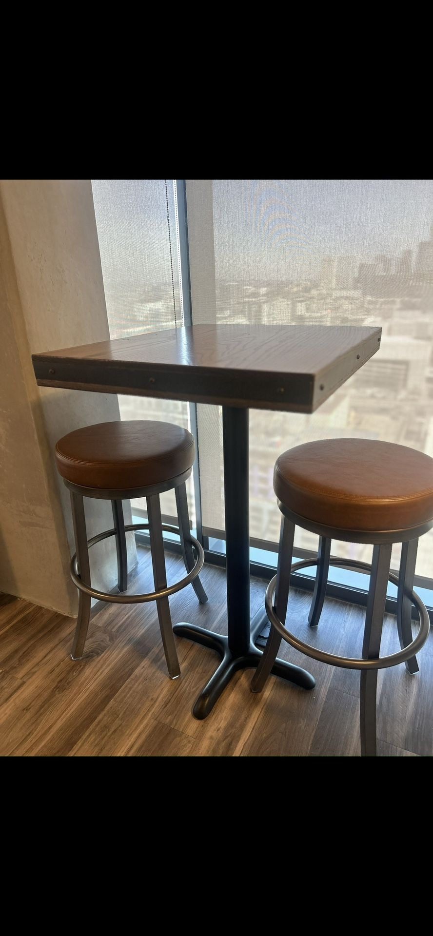 Rustic Wooden Pub Table and Brown Leather Stools