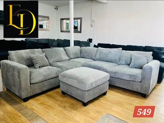 Grey Cord Corner Sofa with Ottoman