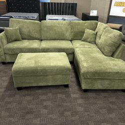 Soft Green Sectional W/ Ottoman 