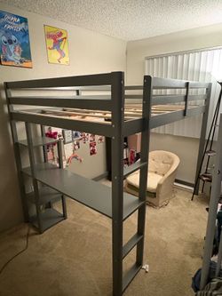 Full size loft bed with desk and shelves
