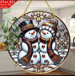"Frosty Bonds" — Stained-Glass Snowman Duo Suncatcher