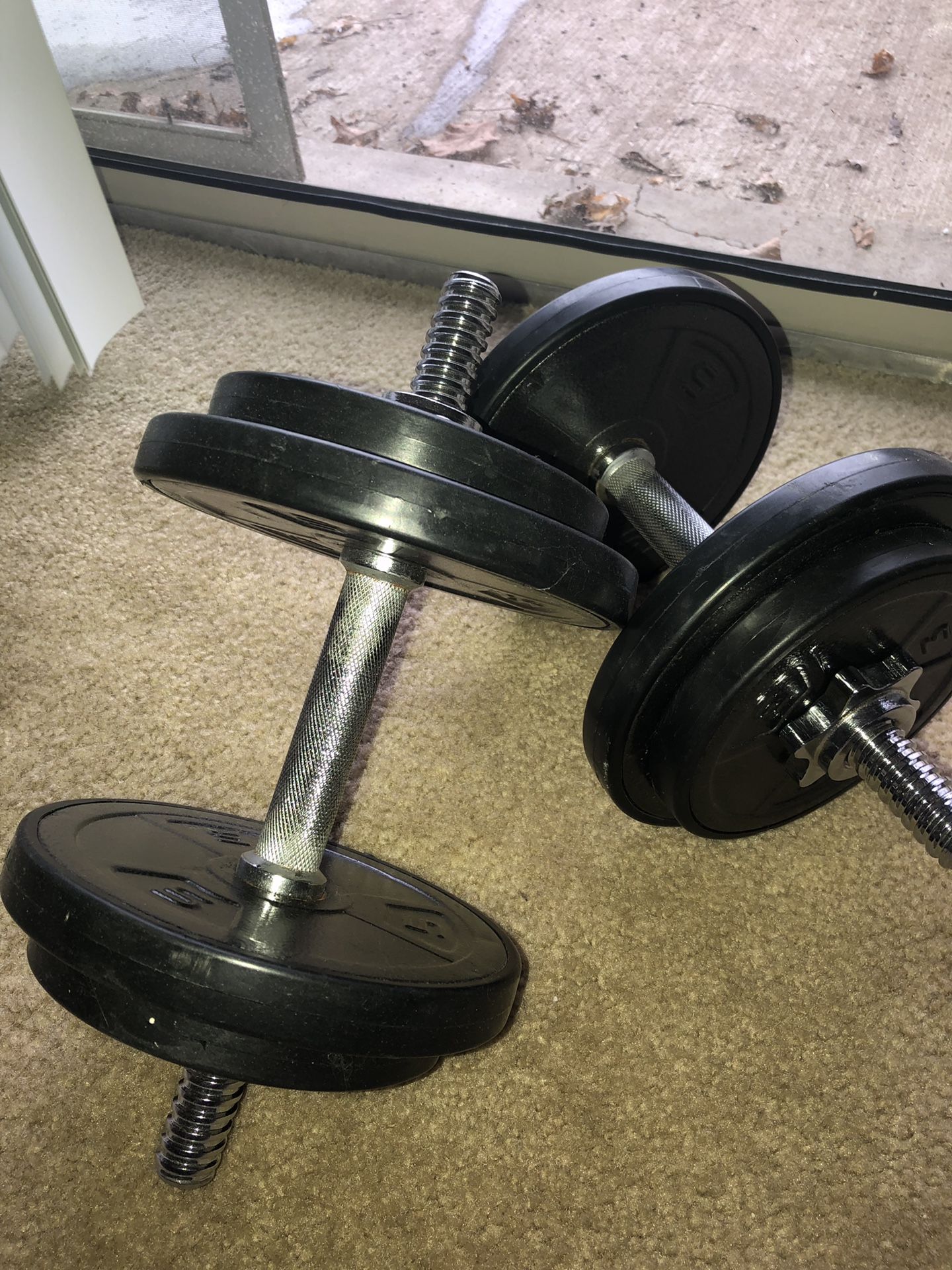DUMBBELL . Weight is 16 pounds each .