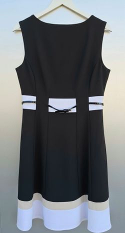 Black and White Sleeveless Belted Dress