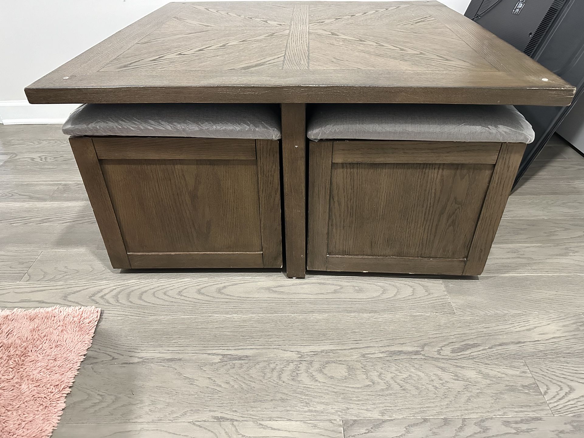 Wood Coffee Table with Rolling Storage Chairs