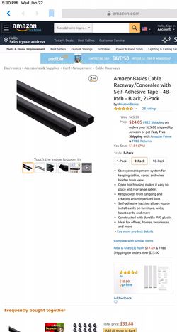 AmazonBasics Cable Raceway/Concealer with Self-Adhesive Tape - 48-Inch - Black, 2-Pack