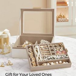 Jewelry Box with Glass Lid, 2-Layer Jewelry Organizer with Removable Tray