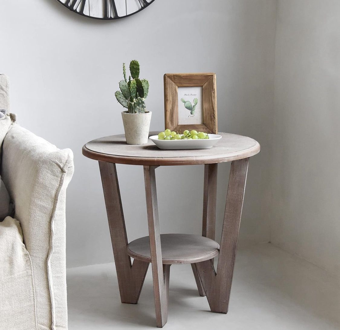 Rustic Farmhouse end Table with Storage Shelf, French Country Accent Side Table for Family, Dinning or Living Room, Small Spaces, Modern, Round, Vinta