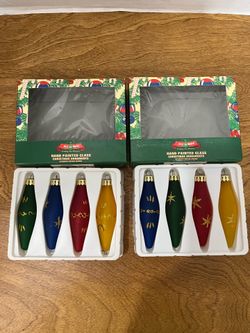 Vtg 8 Hand Painted Matte Glass Gold Glitter Christmas Ornaments Boxed