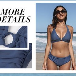CUPSHE Women's Bikini Set Halter Ruched Tie Back Mid Rise