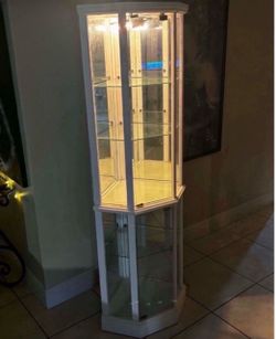 Hexagonal Glass Display Cabinet With Light & Mirrored-Back 70”H
