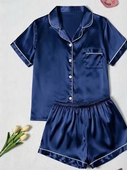 women's blue short sleeve satin pajama set size small