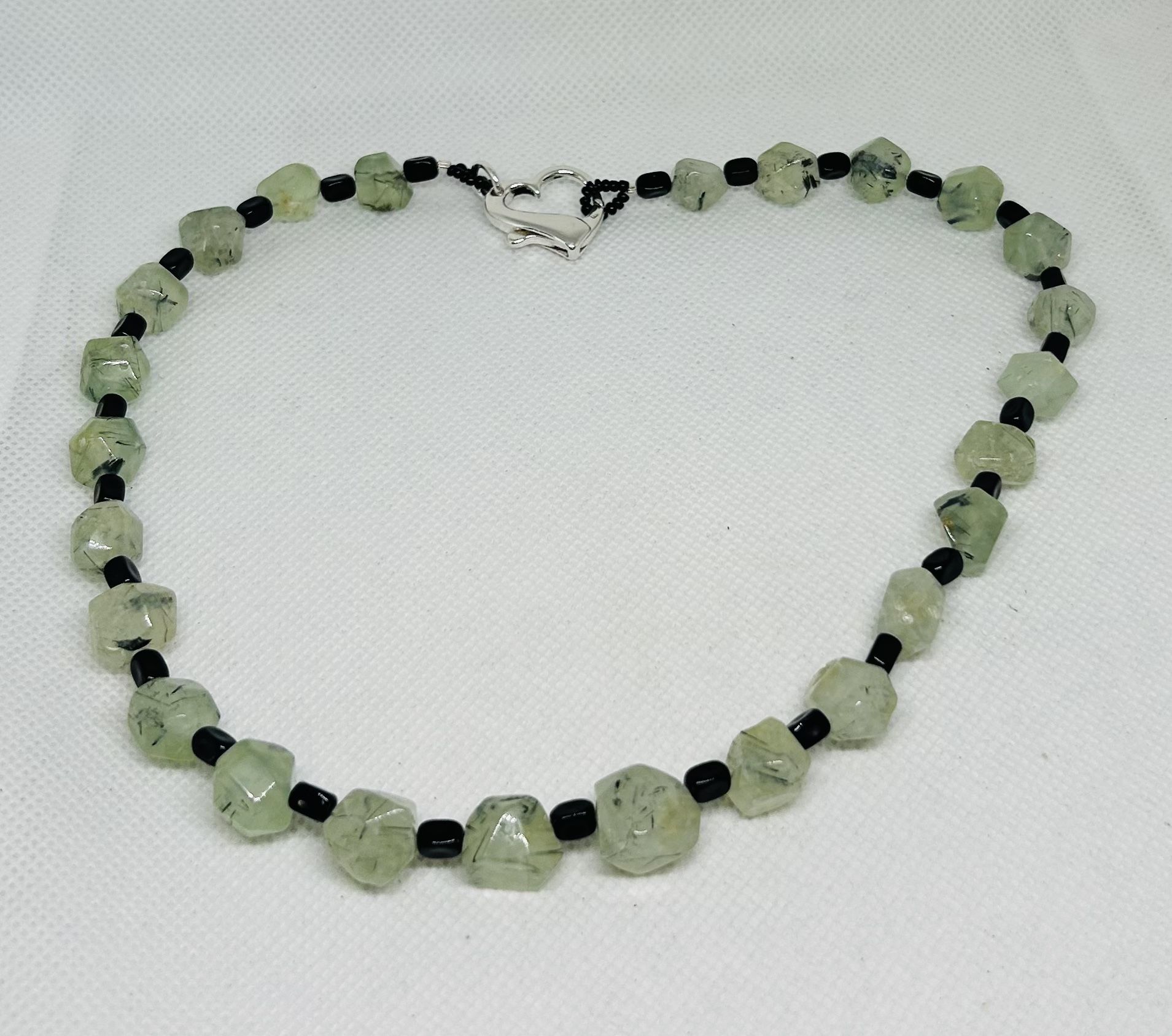 Prehnite Necklace Beaded with Black Onyx, and Sterling Silver 