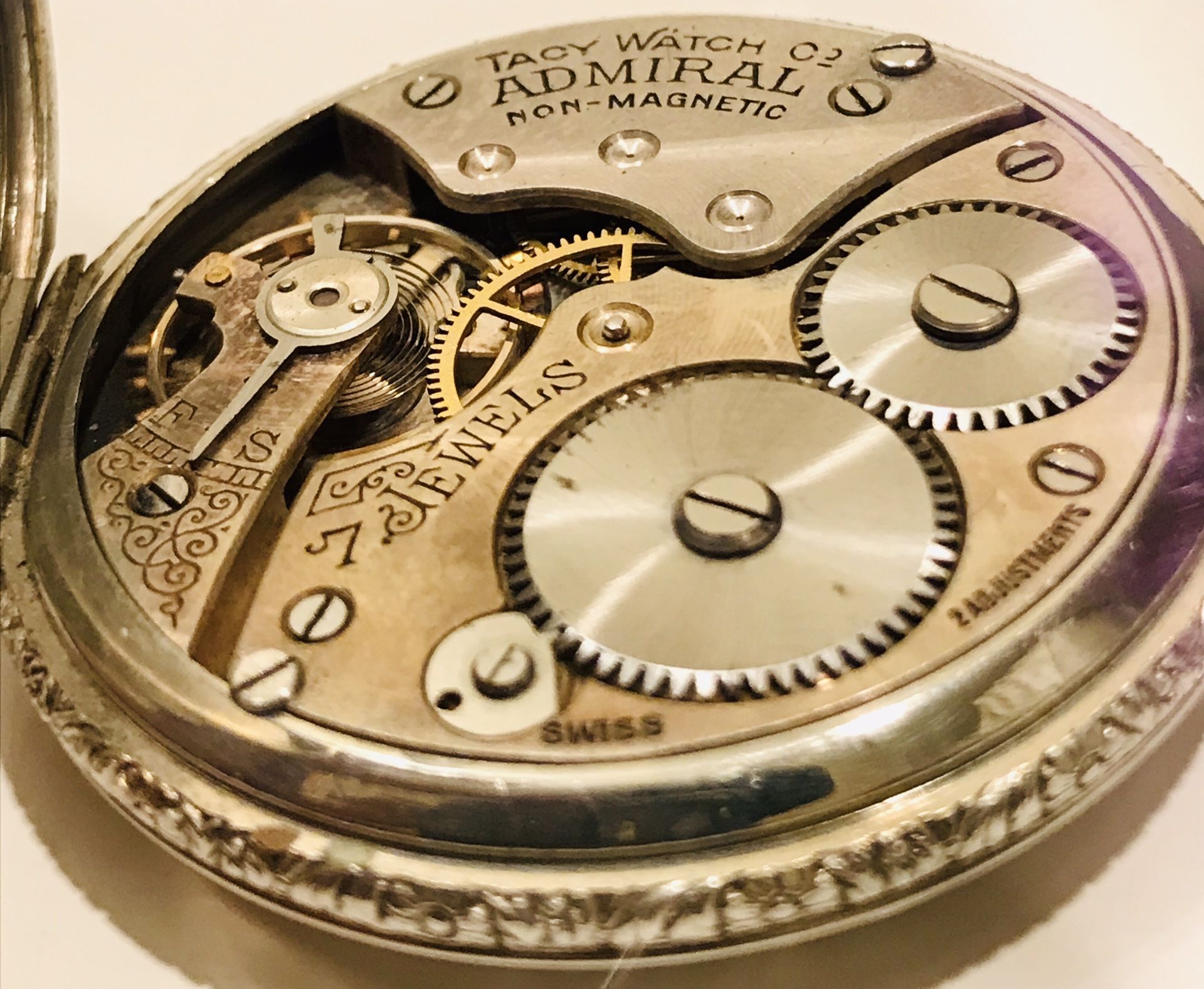 Vintage 14k White Gold 7 Jewels Swiss Tacy Admiral Pocket Watch
