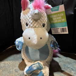 Dog Toy. Textured plush squeaking unicorn dog toy. Squeaking ball inside New. 