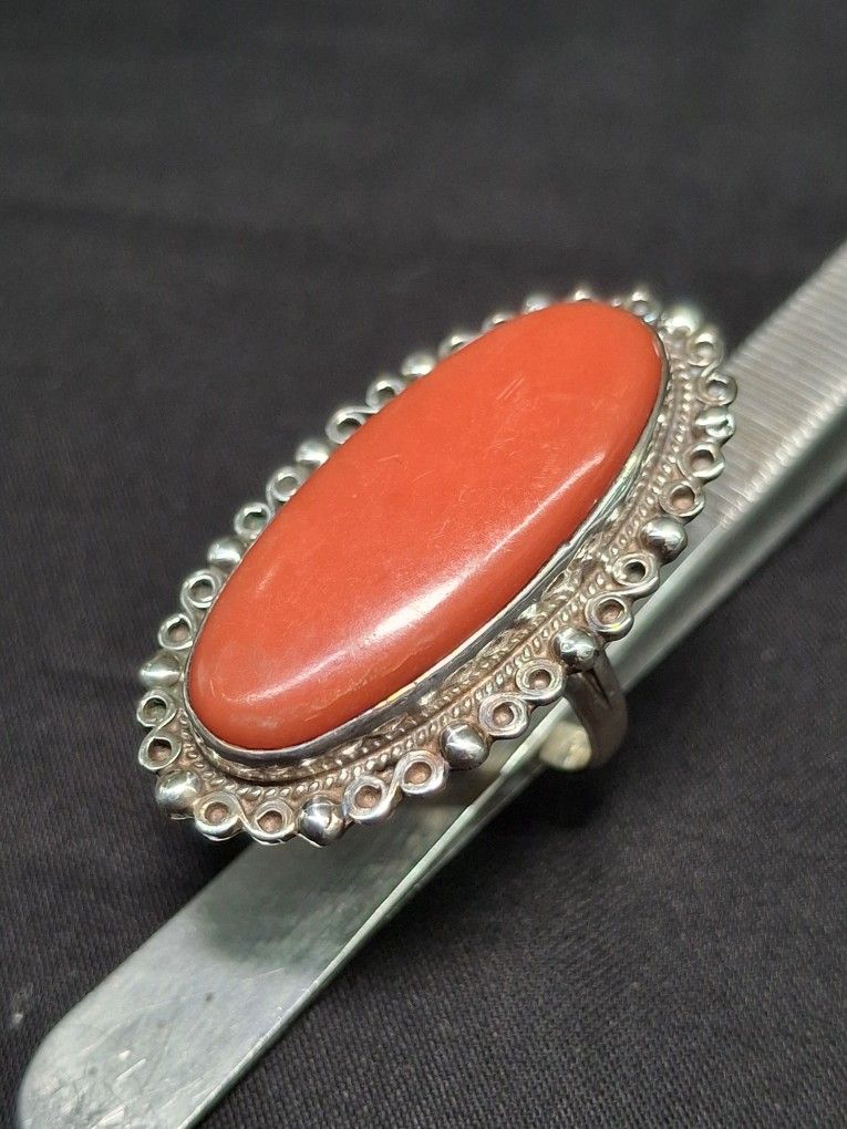 Sterling Silver Red Coral Ring Sz 6.5 Gram Wt.5.2