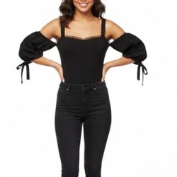 By Egreis Coquette Goth Black Puff Sleeve Off-Shoulder Bodysuit Size L