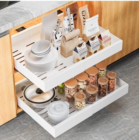 Pull out Cabinet Organizer, Expandable Heavy Duty Slide out Drawers Fixed with Adhesive Nano Film for Pots - for Kitchen Base Cabinet Organization, Pa