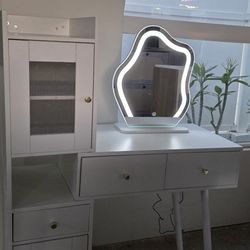 SPECIAL $75 NEW Vanity with Mirror, Dimmable Lights, Shelves, Drawers