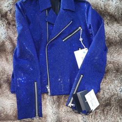 Balmain Blue Crystal Moto Jacket 