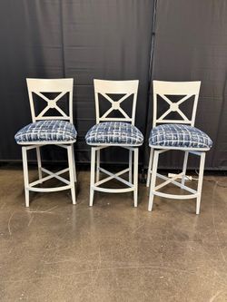 Set of Three White X-Back Swivel Bar Stools with Blue Plaid Upholstery | Farmhouse Style