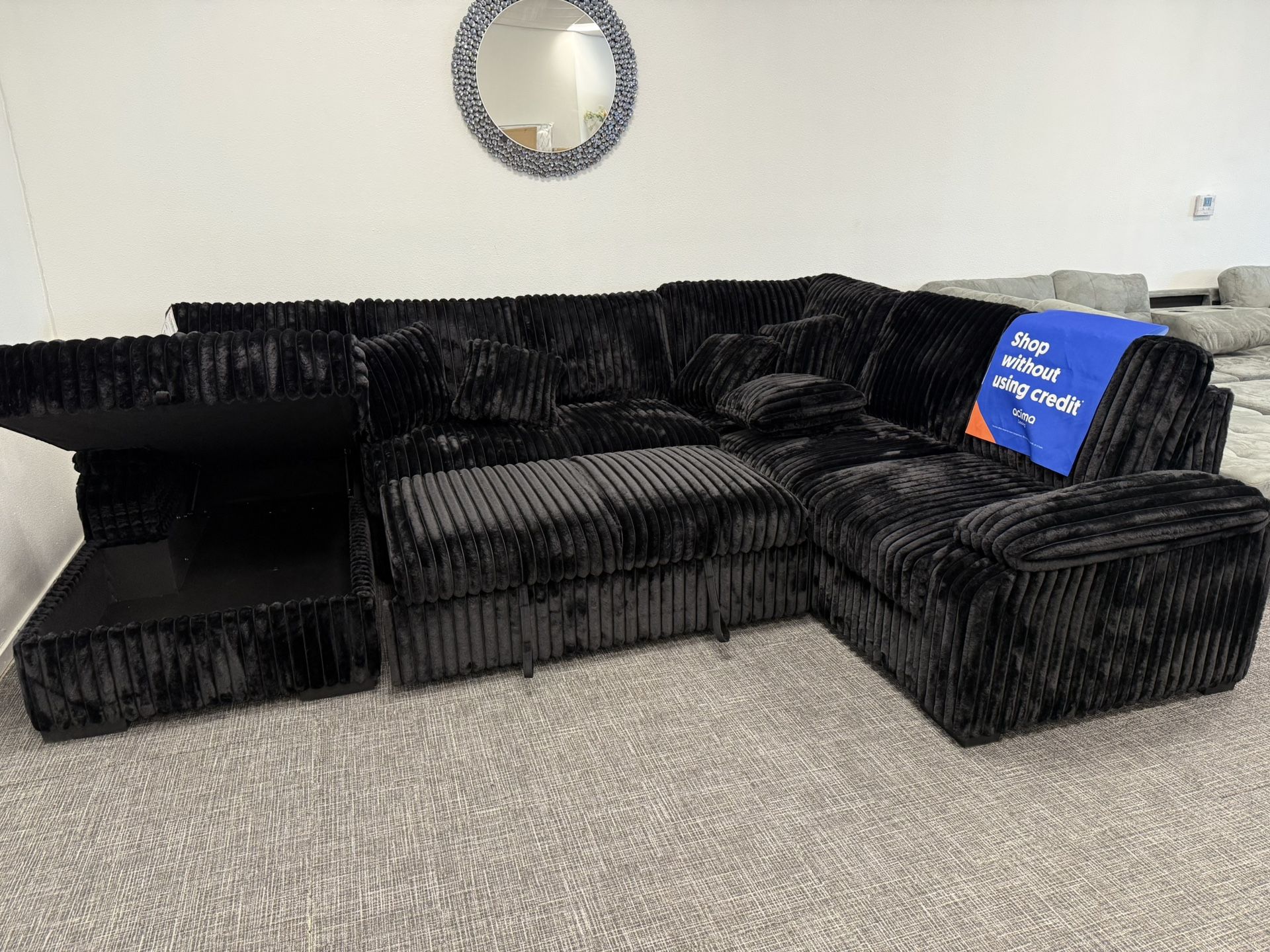Black Sectional Corduroy Sleeper & Storage Chaise- EZ $10 Down Payment Options Available