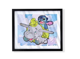 Stitch Flying on Dumbo Custom Disney Art In Black Frame