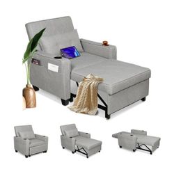 3 in 1 Convertible Sofa Bed Chair Sleeper Recliner w/ Adjustable Backrest & Pillow Gray