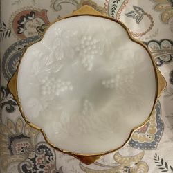 Vintage Anchor Hocking Milk Glass Raised Bowl with Gold Trim Grape Leaves Design