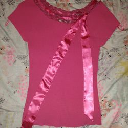 (Cash Only) Uniform Outfit Pink Blouse With Neck Tie & Multi shade Pink Knee High Skirt 