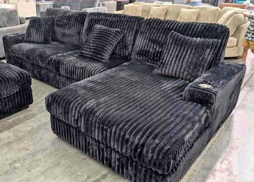 SUPER BLACK BRAND NEW CORDUROY SECTIONAL SAME DAY DELIVERY