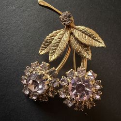 1950’s gold tone pink purple rhinestone  Cherry Blossom flower stem brooch pin!