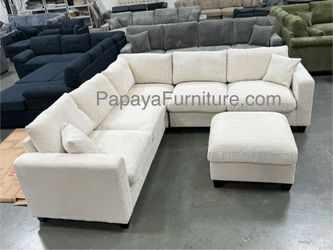 New! Ivory Sectional Sofa And Ottoman, Sectional Couch, Sofa, L-Shaped Couch, Beige Sectional , Plush Corduroy Sectional, Sofa And Ottoman,White Couch